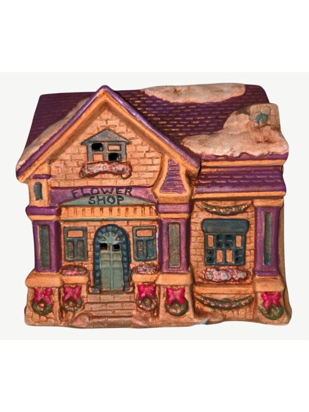 Lefton Hand-Painted Ceramic Flower Shop Miniature With Snowy Roof & Holiday Wrea